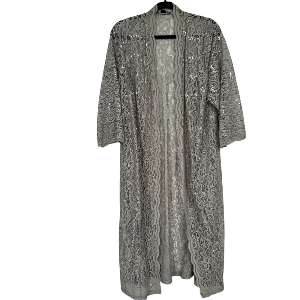 Roamans Grey Lace Duster Cardigan Sweater Womens 22W Formal Sequin Dressy Sheer